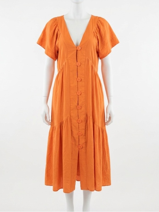 Anthropologie Dresses & Skirts - By Anthropologie Reneé Flutter-Sleeve Orange Linen Button-Front Midi Dress - XL